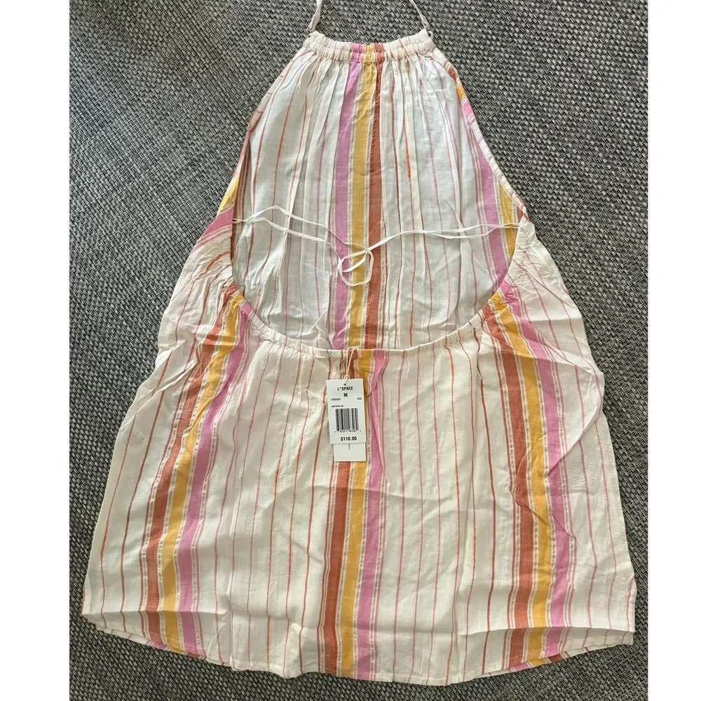 L SPACE NWT Cotton Lydia Open Back Halter Neck Stripe Cover-up Mini Dress M